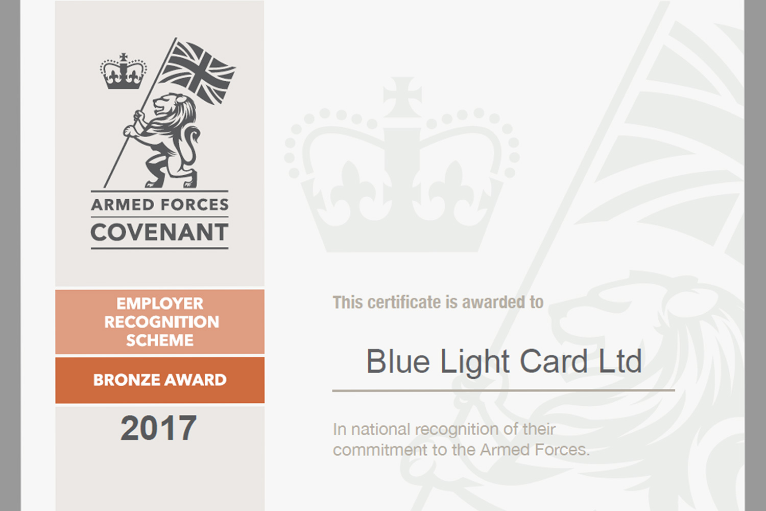 Armed Forces Covenant bronze award for BLC